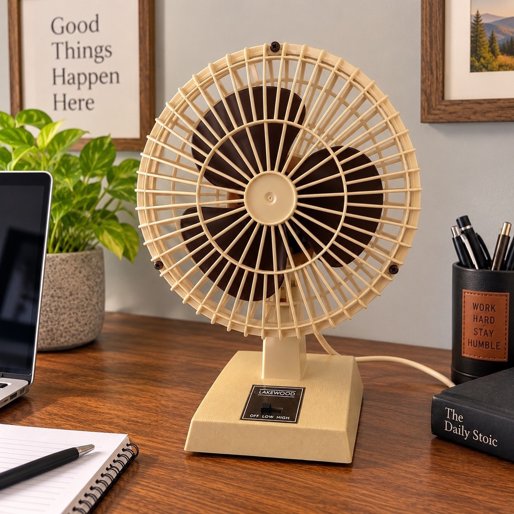 Vintage Lakewood Model 600A Personal Desk Fan 2-Speed Beige Brown Retro MCM